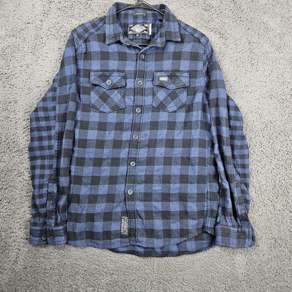 Superdry Workwear Mens L Flannel Shirt Blue Black Plaid Classic Fit Long Sleeve